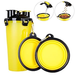 Powerking Botella de Agua para Perro, 350ml 2 en 1 PP para Mascotas, y Botella para Perro con 250 g Contenedor de alimento para Mascotas para Caminar/Viajar, tazones Plegables para Perros(Amarillo)