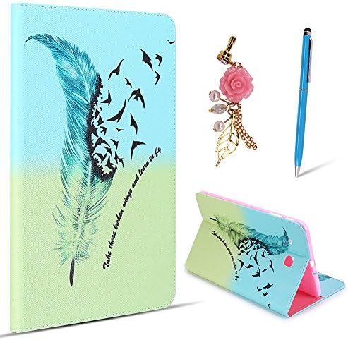 Spiritsun Samsung Galaxy Tab E (9.6 Inches) T560 Case,Samsung Galaxy Tab E (9.6 Inches) T560 Cover,Samsung Galaxy Tab E (9.6 Inches) T560 Leather Wallet Case Painted Pattern Series PU Leather Magnetic Smart Case Cover Stand Function Protective Sleeve Flip Holster with Stylus Pen and Pink Rose Flower Dust Plug - Feathers and Birds