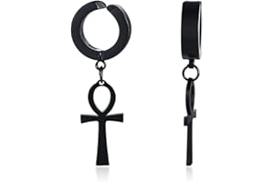 VNOX Black Plated Stainless Steel Egyptian Key of Life Ankh Cross Dangles Non-Piercing Clip on Earrings for Men Women