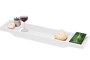 VIVAAS Natural Wooden Bamboo Bath Caddy Bridge Tray Ideal For Storage Shelf Organizer Wine Glass, Book Rest, Candle | Bath Tray | Wooden Bath Tray | Bath Shelf | Bath Bridge (White)