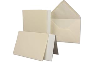 NEUSER PAPIER Set di 50 biglietti pieghevoli, formato DIN B6, 12 x 17 cm, 120 x 170 mm, con buste e foglie, struttura a coste, superficie color crema, camoscio vintage
