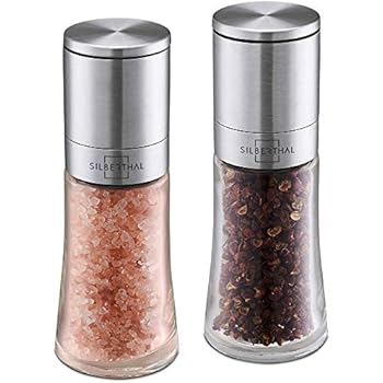 Set Macinasale e Macinapepe 2 Pezzi – Macinino per Spezie in Vetro e Acciaio Inox con Macina in Ceramica Regolabile, Antiperdita e Facile da Riempire