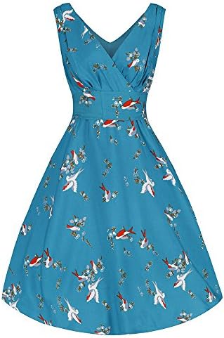 Pretty Kitty Fashion UK Vintage Teal Bird Print 50s Rockabilly Hop Swing Dress