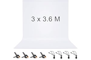 3 x 3,6 M Toile de Fond, Vevelux Fond Blanc avec 8 Clips Anti-Plis, 100% Polyester Pliable Lavable Durable Écran Blanc pour Photographie, Vidéo, Camera, Photo, Prise de Vue Vidéo