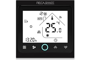 BecaSmart Series 002 Termostato Inteligente Wi-Fi Pantalla Táctil Termostato de Sala Cuatro Tubos para Aire Acondicionado Fan Coil con Conexión WiFi para Soporte Voz Inteligente (Cuatro Tubos, Negro)