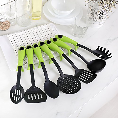 Ambrosya® | Funktionales Küchenhelfer-Set aus 7 Teilen | Kelle Kochgeschirr Kochset Küchenset Küchenutensilien Löffel Nudelzange Pastaheber Pastalöffel Pfannenwender Schöpfkelle Zange (7 Teile, Grün) - 2
