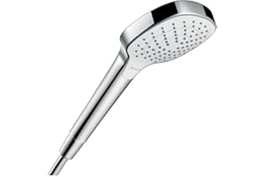 hansgrohe Croma Select E - ducha de mano ahorro de agua 9 l/min (EcoSmart), alcachofa de ducha con 3 tipos de chorro, cabezal de ducha (110 x 110 mm), con sistema antical, blanco/cromo, 26813400