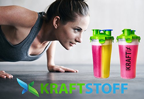 KRAFTSTOFF – DUAL SHAKER, 2 Kammern Shaker, Eiweiß SHAKER FÜR 2 RATIONEN / ZWEI SHAKER IN EINEM – 700 ml – 350 ml pro Seite / Protein Shaker für Damen und Herren / Der perfekte Fitness Shaker, Ideal als Smoothie Trinkbecher, Eiweiss Shaker, Shaker Flasche - 7