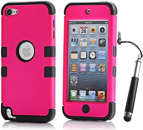 iPod Touch 5th 6th Generation Case, iPod Touch 5/6 Case Genuine ZAFOORAH Hybrid Shockproof Hard Defender 3 Layers with 3 Bonus items Stylus, Screen Protector, Microfiber Cloth (Double Clip - 3 Layers - Dark Pink/Black)