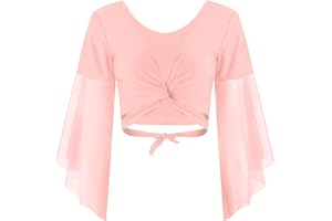 Jowowha Women's 3/4 Tulle Flared Sleeves Latin Belly Dance Top Tie Wrap Ballroom Dancing Crop Top Shirts