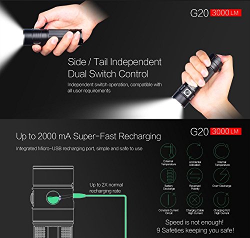 Klarus G20 Taschenlampe CREE Next Gen xhp70 N4 LED 3000 Lumen Wiederaufladbare Taschenlampe dual-switch Mini Suche Licht mit Wiederaufladbare 5000 mAh 26650 Li-Ion Akku + thenines USB-Light - 7