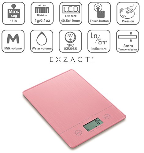 EXZACT EX9150 Super Schmal (1.4 CM) Elektronische Küchenwaag / Digitale Waage – Hartglasplattform – Berührungsknopf – Batterie Inklusive – 5kg/11lb (Rosa) - 2