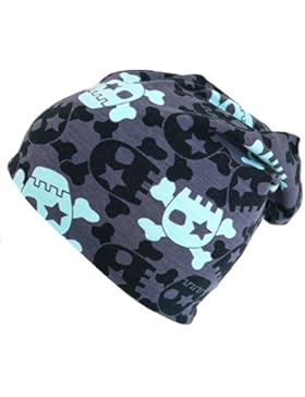 WOLLHUHN ÖKO Long-Beanie, Wende-Mütze, ganzjährig, Coole Skulls grau/mint, Innenseite uni grau, für Jungen und...