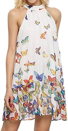 Sunday77 Women Dress Clearance!!! Women Dress Summer Chiffon Valentine's Day Sleeveless Flower Party Loose Casual Dress Halter A-Line Sundress Beach Dress Casual Mini (S, White)