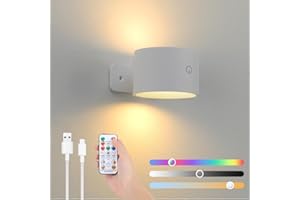 Lampop Up Down Wall Lamp Battery Operated Wall Light, 16 RGB Rechargeable Sconce with Remote & Touch Control, Wireless Reading Light, 360° Rotation Magnetic Wall Light for Living Room Bedroom (White)