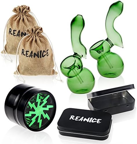 REANICE PIPE 2-PCK Glass Bubbler Pipe with Carb Hole (H:14.5cm W:7cm) + tobacco grinder/boxes/bags