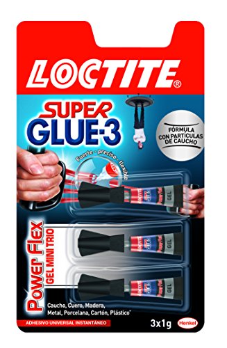 Loctite Super Glue-3 Power Flex Mini Trio, gel adhesivo flexible y resistente, pegamento instantáneo para superficies verticales, pegamento transparente extrafuerte, 3x1g