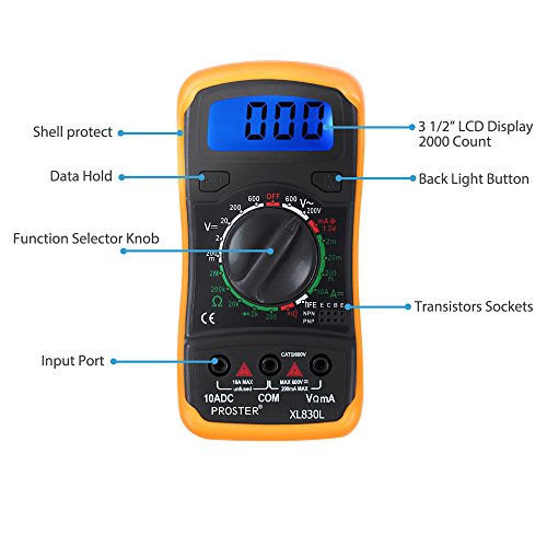 Proster Digitaler Multimeter mini digitaler Mulitmeter Manueller Bereich Voltmeter Ammeter Ohmmeter DMM DC Strom Spannung Widerstand Diode Durchgang mit Buzzer, LCD Hintergrundbeleuchtung und Batterietestfunktion für Schule, Labor, Fabrik usw. - 3