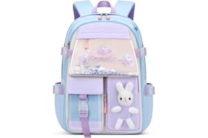 Bansusu Kawaii Bunny Primary Girls Backpacks Elementary School Bags Bookbags with Refrigerator Front Pocket, Blue-Large