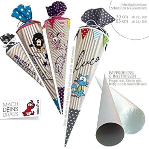 Schultüte, Zuckertüte in 70 cm oder 85 cm, beige/weiß gestreift inklusive Papprohling mit vielen Personalisierungsmöglicheiten, als Kuschelkissen weiter nutzbar