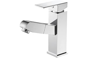 Eridanus Bathroom Sink Mixer Tap, with Pull Down Sprayer Square Single-Handle Polished Electroplating Bathroom Vanity Faucet, Hot and Cold Water Available, Modern Style Refined Copper Bathroom Tap