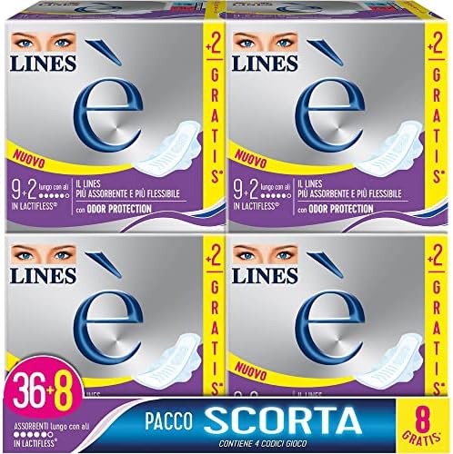 LINES È LUNGO con ali, Pacco scorta da 44 assorbenti per ciclo mestruale, l'unico con struttura in Lactifless, Il LINES più assorbente e più flessibile, con Odor Protection