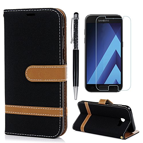 Lanveni A5 2017 Hülle, Handyhülle für Flip Case Cover Denim+PU Lederhülle Schutzhülle Magnetverschluss Ledertasche mit Stander Function Brieftasche Card Slot Handy Tasche mit Bunte Gemalt Design für Samsung Galaxy A5 2017 Hülle (Schwarz) + 1 x Stylus Stift + 1 x Schutzfolie