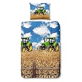 bettwäsche bunt 155x220 2-teilige, glatte und weiche Kinder-Bettwäsche aus 100 Prozent Baumwolle in hautsympathischer Qualität mit Traktoren-Motiv