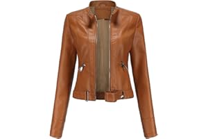 YFFUSHI Veste en Cuir Faux pour Femme à Col Montant Courte et à Manches Longues avec Fermeture Éclair - Style Moto Biker