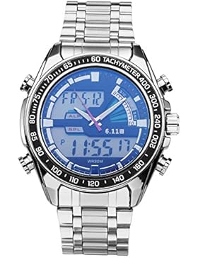 JSDDE Herren Armbanduhr LCD Quarz Business Uhr Kalender Wecker Stoppuhr Dual Zeitzone 3ATM Multifunktionsuhr Edelstahluhren...