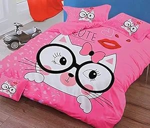 Harbell Home 200 GSM 400 TC Kids Glace Cotton Reversible Cartoon Printed Double Bed King Size Comforter with Matching Bedsheet 90*100 with 2 Pillow Covers Set of 4 Pieces (Kitty)