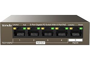 Tenda 5 Port PoE Switch ohne Netzteil, Gigabit PoE Powered Switch (1 PoE In & 4 PoE Out, Plug-and-Play PoE PD Switch, Lüfterlos, Metallgehäuse)(TEG1105PD)