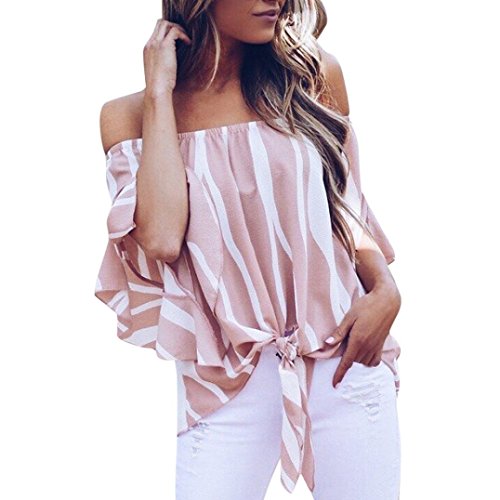 BHYDRY Frauen Striped Off Schulter Taille Tie Bluse Kurzarm Casual T Shirts Tops(Rosa,XXL)