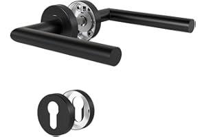 DIYGEEK Maniglie Porte Interne Stanza con Cilindro Profilato PZ - Set Acciaio Inox Rosetta Ø52 mm Finitura, Forma di L, Nera Verniciatura a Polvere