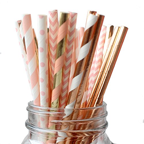 Ipalmay Trinkhalme, biologisch abbaubar, aus Papier, verschiedene Muster (gestreift und gepunktet), Länge: je 19,7 cm, Violett / goldfarben, 150 Stück Rose Gold & Pink