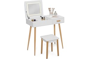IDMarket – Tocador escandinavo Lisa Blanca, espejo abatible LED y taburete