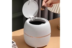 FIYSON Mini Poubelle de Bureau Créative en Plastique avec Couvercle à Bouton - Petite Poubelle de Table pour Bureau, Chambre, Cuisine (Blanc)