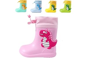 DRECAGE Botas de Agua para Niños y Niñas con Cordón Ajustable en el Cuello, Botas de Lluvia Caucho Goma de Dinosaurio Impermeable y Antideslizante
