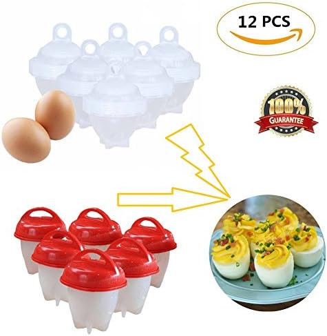 Egglettes Egg Cooker -6 Pieces Egg Cooker Hard &amp; Soft Maker, No Shell, Non Stick Silicone, Poacher, Boiled, Steamer by Coaste Antilane (12 Pcs Red+ White)