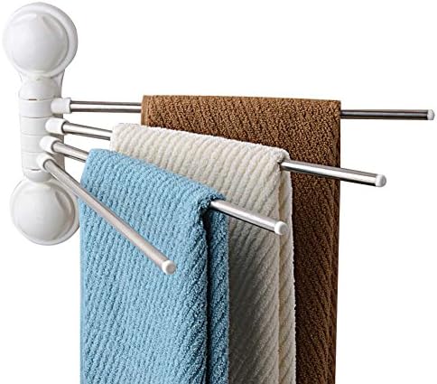 Towel Rack 180° Rotation Suction Cup Stainless Steel 4 Bar Swing Towel Rack Hanger Holder Stand Organizer Wall-Mounted for Bathroom and Kitchen - No Tools Required