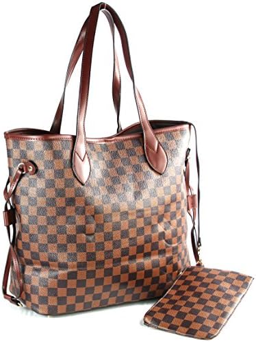 Check Shopper Style Handbag with Attached matching wallet (Brown)