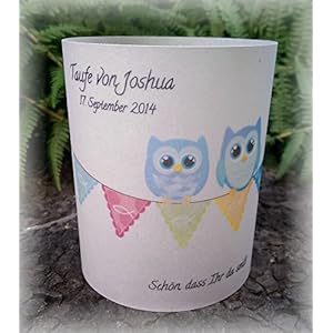 4er Set Tischlicht Tischlichter Eule Taufe Tischdeko personalisierbar hellblau