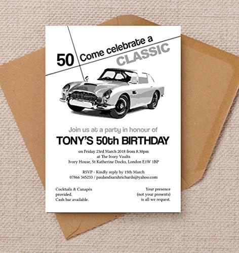 Personalised Classic Car Birthday Invitations with Envelopes (Pack of 10)
