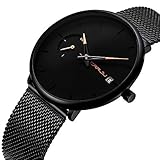 Herrenuhren Minimalist Quarz Analog mit Datums-Ineinandergreifen Edelstahlarmband Wasserdichte Ultradünne Armbanduhr in Schwarz