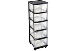 GEORGES DAVID EDA Eda plastique Tour de Rangement - 5 tiroirs avec roulettes - Noir et Naturel - 32 x 37 x 97 cm