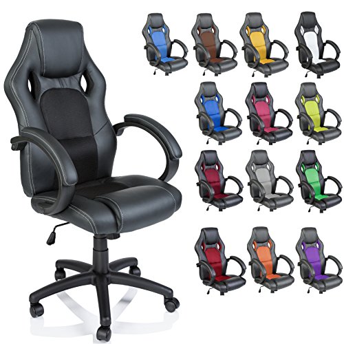 TRESKO® Chaise Fauteuil siège de bureau noir/noir racing sport rayé ergonomique inclinable accoudoirs rembourrés, de 14 couleurs différentes, Lift SGS contrôlé