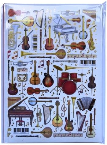 A5 Casebound Notebook - Musical Instruments Design – 60 sheets=120 pages – Ruled &amp; Silk Ribbon - Size - 210mm x 148mm