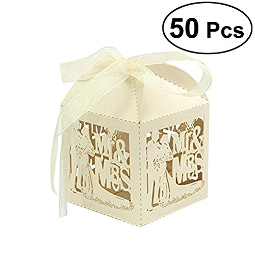 ULTNICE 50 Stück hohl Süßigkeiten Geschenke Boxen für Hochzeit Mitbringsel Dekor mit Ribbon, Beige