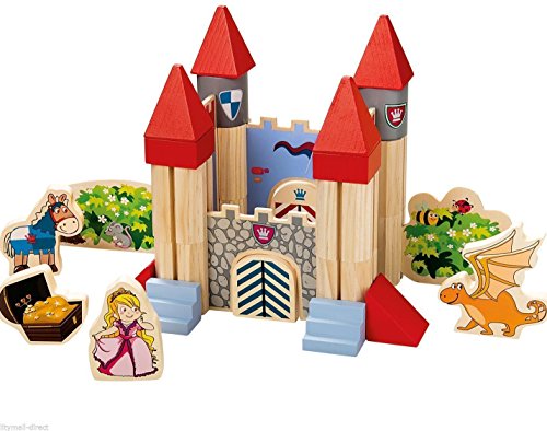 HOLZ BAUSTEINE Bausatz BURG mit Figuren Kinder Holzspielzeug Prinzessin Ritter König Drachen Spielburg yx 33 1682 - 4