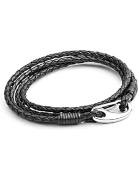 Tribal Steel, 21cm langes Herrenarmband aus schwarzem Leder, doppelt gewickelt mit Edelstahlkarabiner